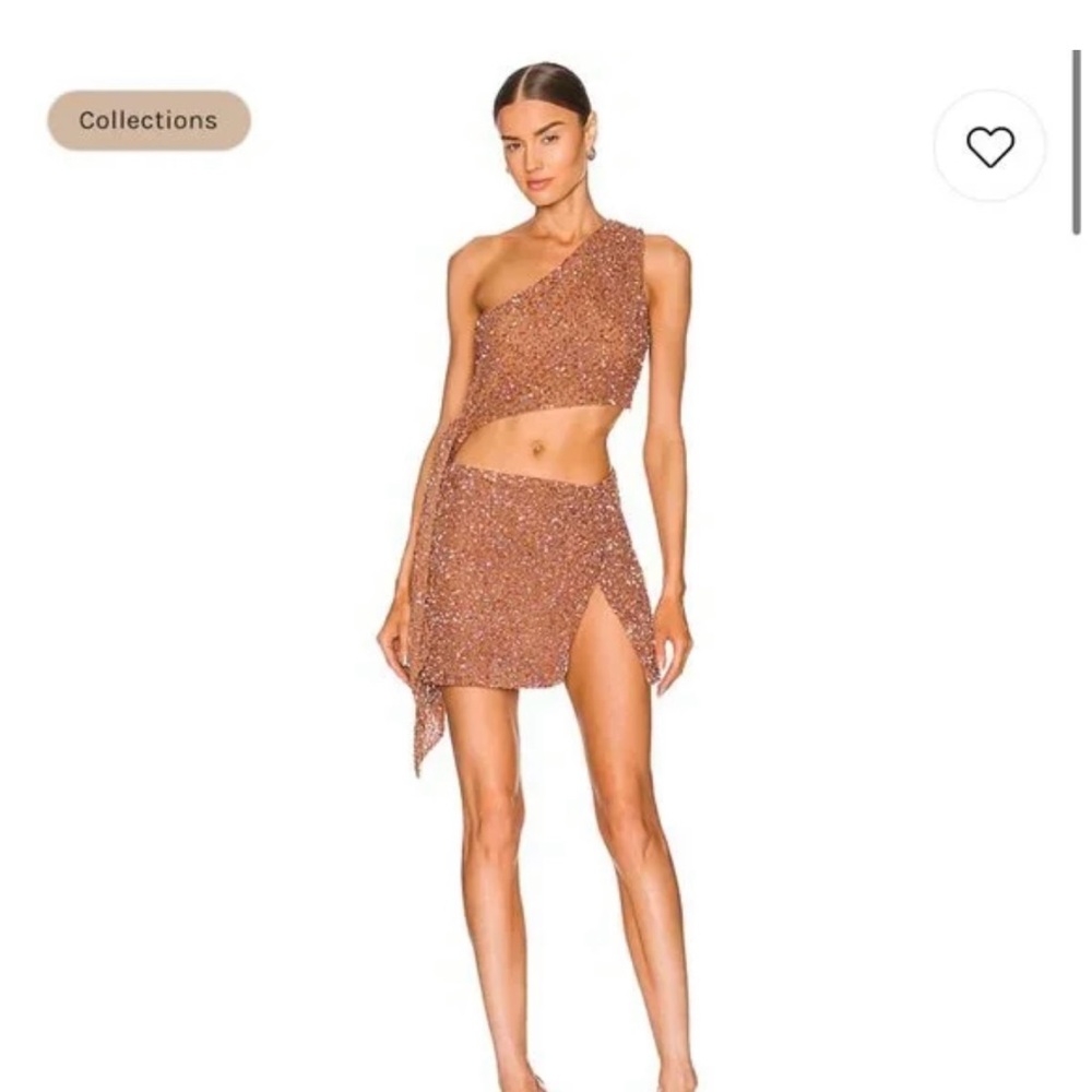 Retrofete x Revolve Quinn Crop Top and Ezra Skirt in Bronze.